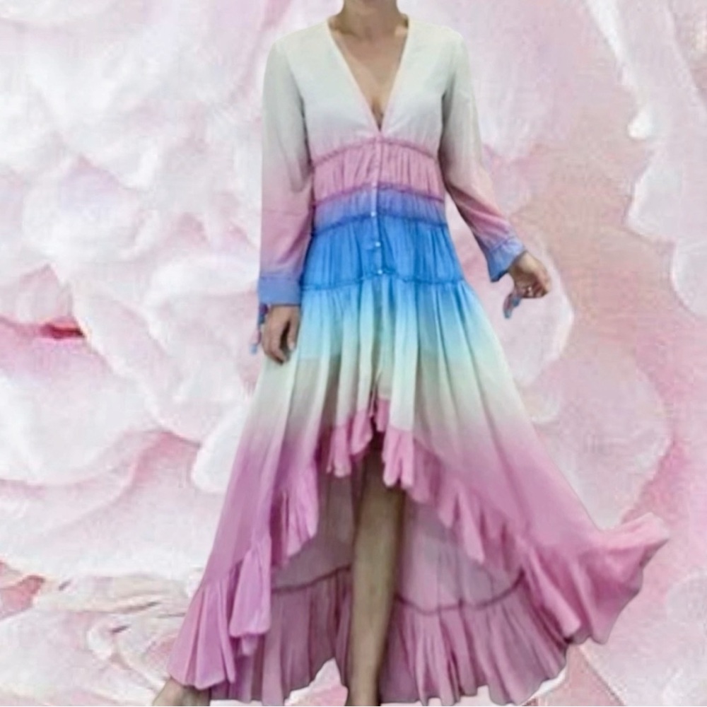 Ombré Tassel Ruffle Maxi Boho Festival Dress